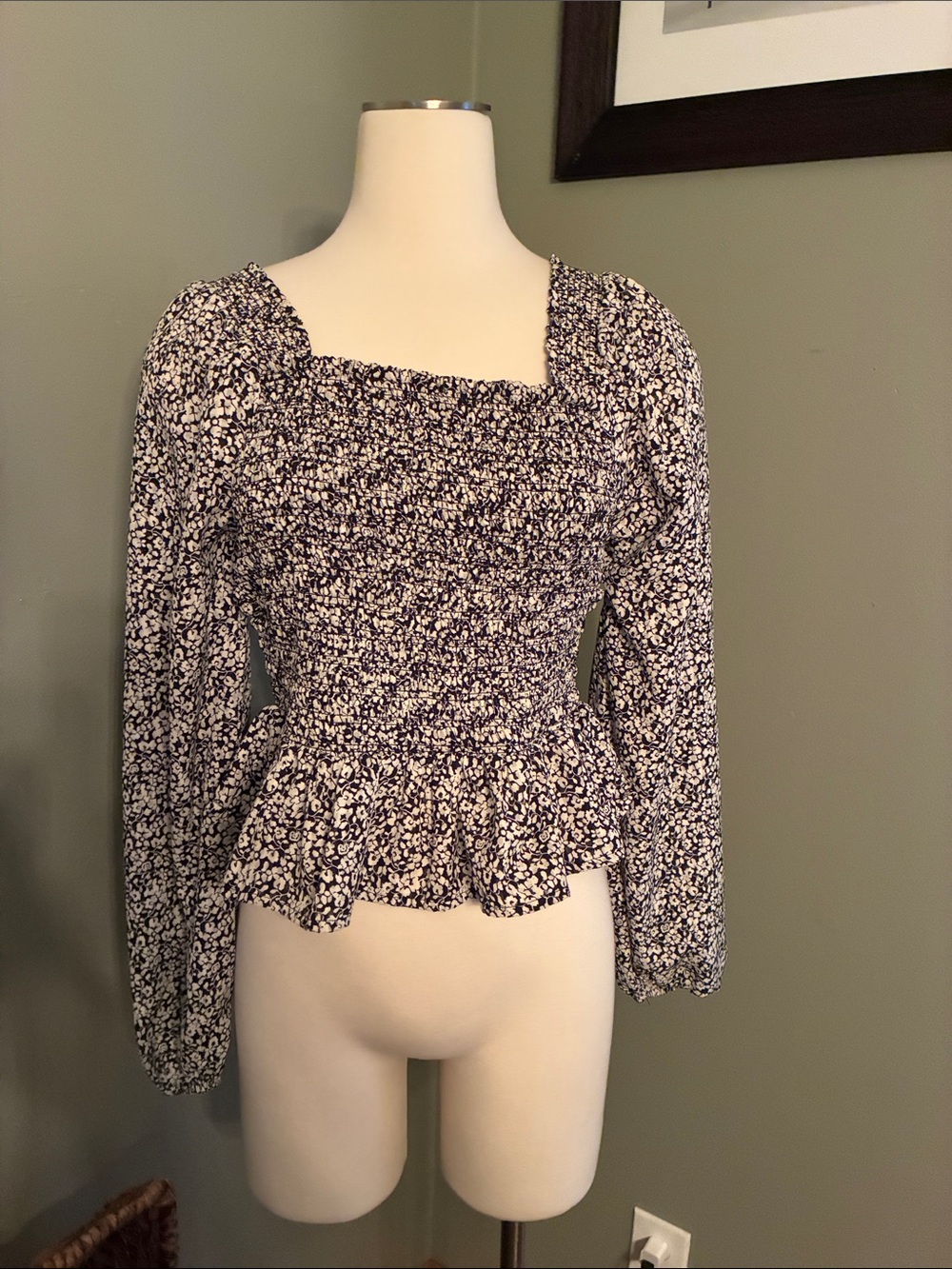 Japna Black and White Smocked Square-Neck Peplum Blouse